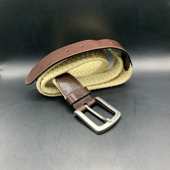 Roundtree Yorke Mens belt 44 110 Leather Beige Tan Cotton Webbing Woven Casual - Picture 1 of 7